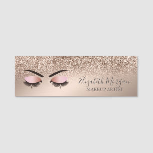 Faux Lashes,Rose Gold Glitter Makeup artist Name Tag