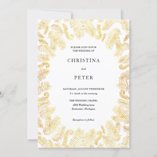 Faux leaf gold stylistic ferns wedding invitation