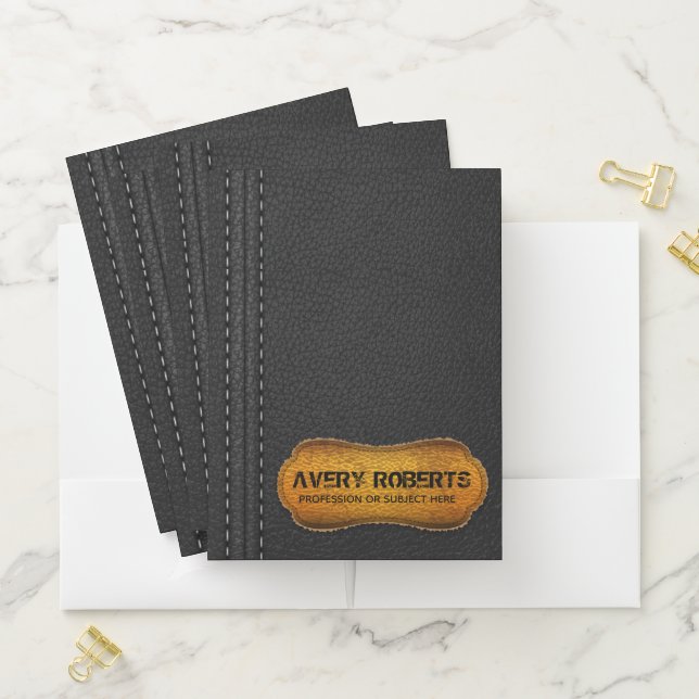 Faux Leather Black yellow Elegant geometric Pocket Folder (In Situ)