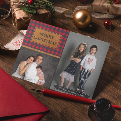 Faux Leather Buffalo Plaid Christmas Photo Collage Holiday Card