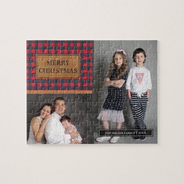 Faux Leather Buffalo Plaid Christmas Photo Collage Jigsaw Puzzle (Horizontal)