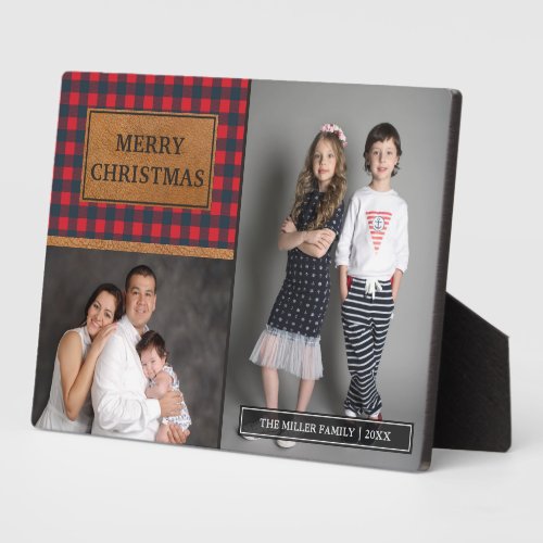 Faux Leather Buffalo Plaid Christmas Photo Collage Plaque