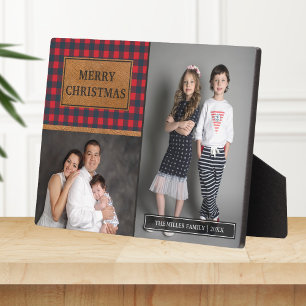 Faux Leather Buffalo Plaid Christmas Photo Collage Plaque