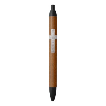 Faux Leather Christian Metal Cross Blue Ink Pen by wheresmymojo at Zazzle
