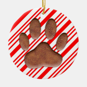 Faux Leather Dog Pawprint Candy Cane Ceramic Ornament