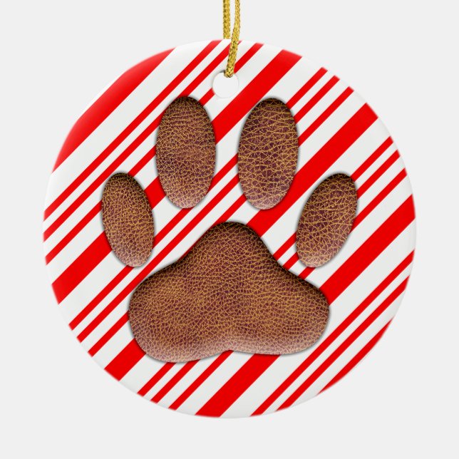 Faux Leather Dog Pawprint Candy Cane Ceramic Ornament (Front)