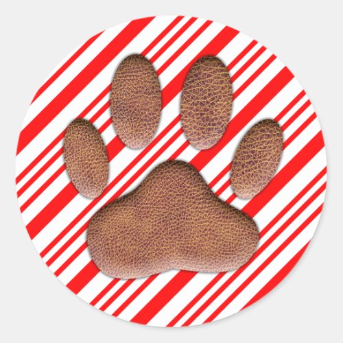 Faux Leather Dog Pawprint Candy Cane Classic Round Sticker