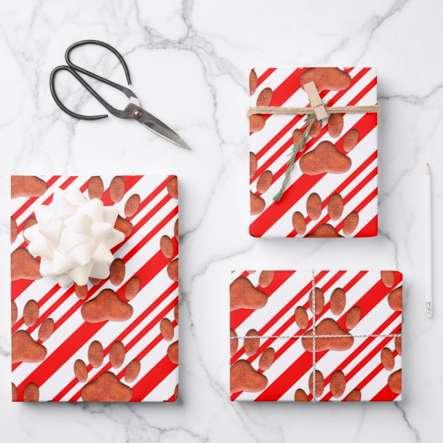 Faux Leather Dog Pawprint Candy Cane Wrapping Paper Sheets (Front)