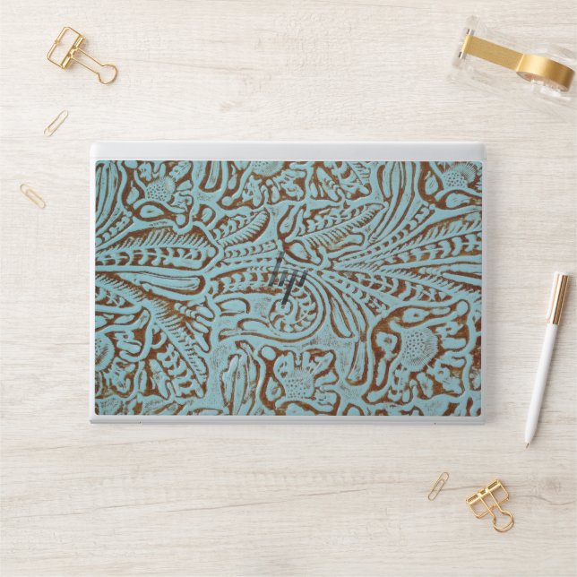 Faux Leather Etched Floral Turquoise Brown HP Laptop Skin (Desk)