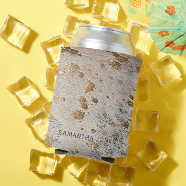 Faux Leather Gold Cowhide Hen Party Personalized Can Cooler (In Situ Summer)
