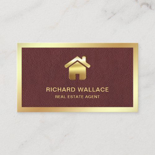 Faux Leather Gold Foil Home Logo Real Estate Agent Business Card