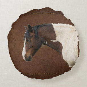 Faux Leather & Indian Paint Pinto Stallion Round Pillow