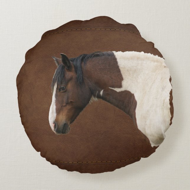 Faux Leather & Indian Paint Pinto Stallion Round Pillow (Back)