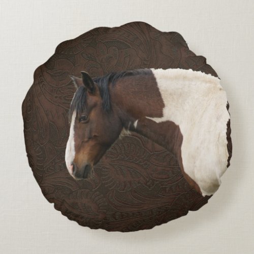 Faux Leather  Indian Paint Pinto Stallion Round Pillow