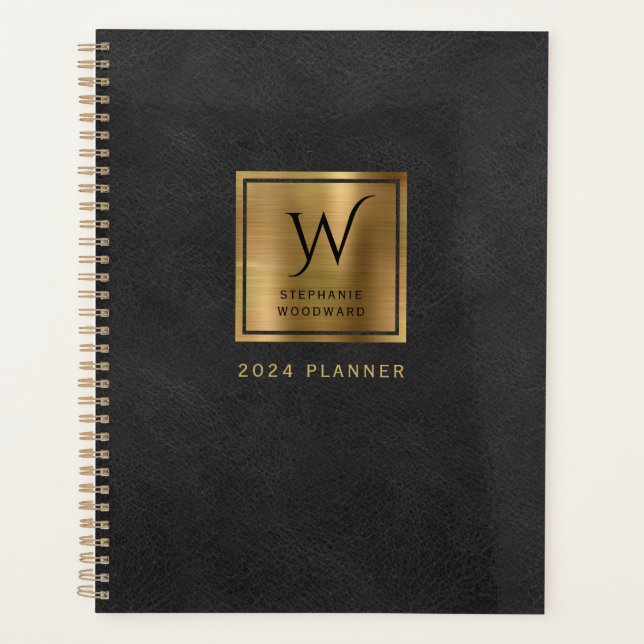 Faux Leather Look Black Gold Monogram 2024 Planner (Front)