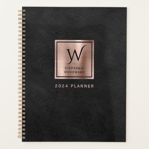 Faux Leather Look Black Rose Gold Monogram 2024 Planner