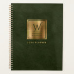 Faux Leather Look Dark Green Gold Monogram 2024 Planner<br><div class="desc">This elegant planner features a digital background image in imitation of dark green leather texture. Personalize it with your monogram initial in dark green decorative font and your name in dark green copperplate lettering on a brushed gold faux foil square, along with the year or other text of your choice...</div>
