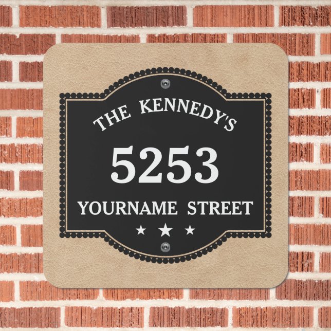 Faux Leather Look Family Name House Number Address Metal Sign (In Situ(Brick))