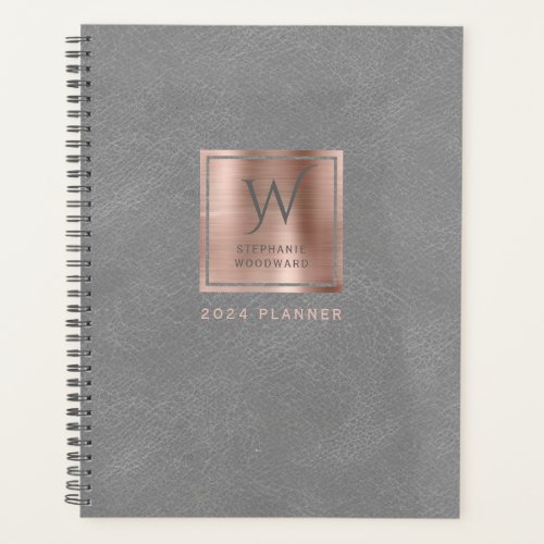 Faux Leather Look Gray Rose Gold Monogram 2024 Planner