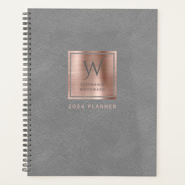 Faux Leather Look Gray Rose Gold Monogram 2024 Planner (Front)
