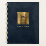 Faux Leather Look Navy Blue Gold Monogram 2024 Planner<br><div class="desc">This elegant planner features a digital background image in imitation of navy blue leather texture. Personalize it with your monogram initial in navy blue decorative font and your name in navy blue copperplate lettering on a brushed gold faux foil square, along with the year or other text of your choice...</div>
