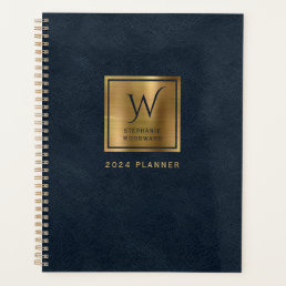 Faux Leather Look Navy Blue Gold Monogram 2024 Planner