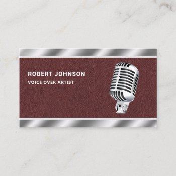 Faux Leather Metallic Microphone Voice Over Artist Business Card by ShabzDesigns at Zazzle