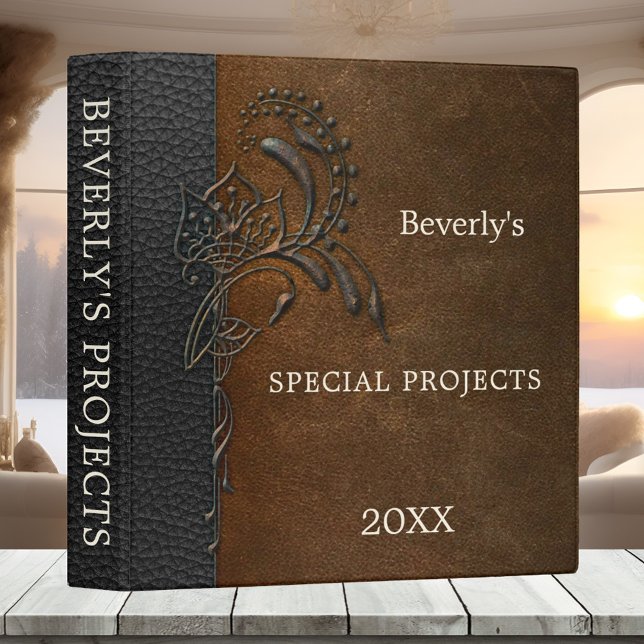 Faux Leather Metallic Personalized Binder (Binder featuring an elegant metallic style design on a faux leather brown and black background)