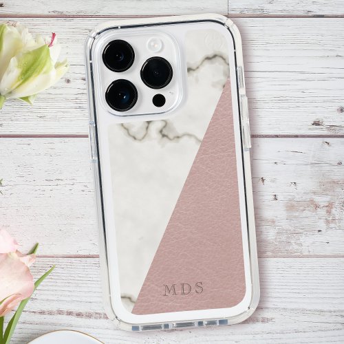 Faux Leather Modern Marble Geometric Monogram iPhone 15 Pro Case