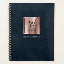 Faux Leather Navy Blue Rose Gold Monogram 2024 Planner