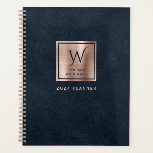 Faux Leather Navy Blue Rose Gold Monogram 2024 Planner