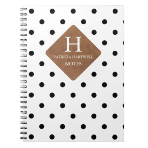 Faux Leather Patch on Chic Black Dots Monogram Notebook