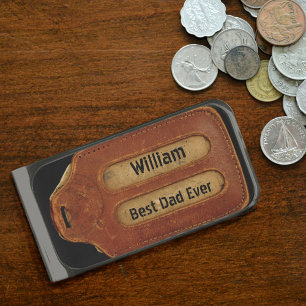 Faux Leather Slotted Personalized Identification Silver Finish Money Clip