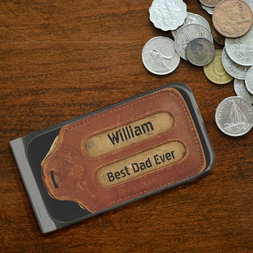 Faux Leather Slotted  Personalized Identification Silver Finish Money Clip