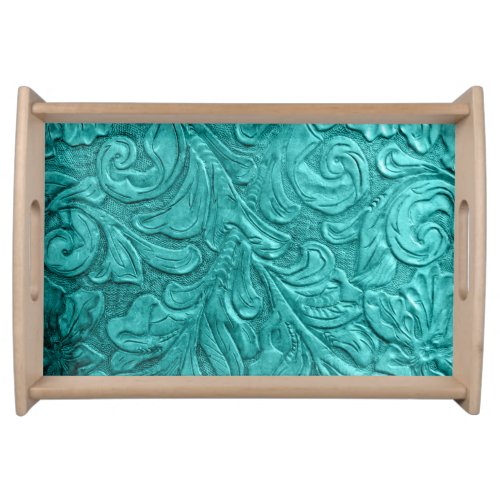 Faux Leather Teal Western Serving Tray