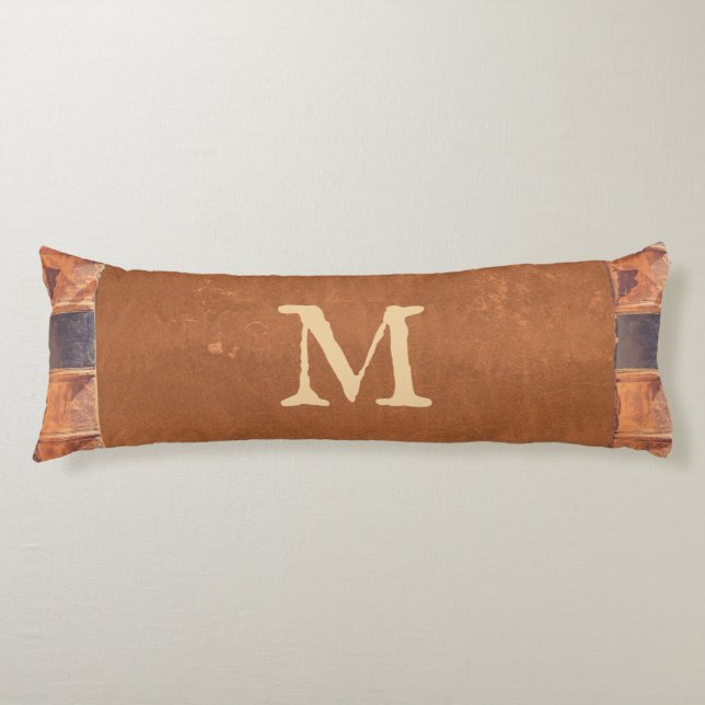 Faux Leather Vintage Antique Book Monogram Body Pillow (Front)