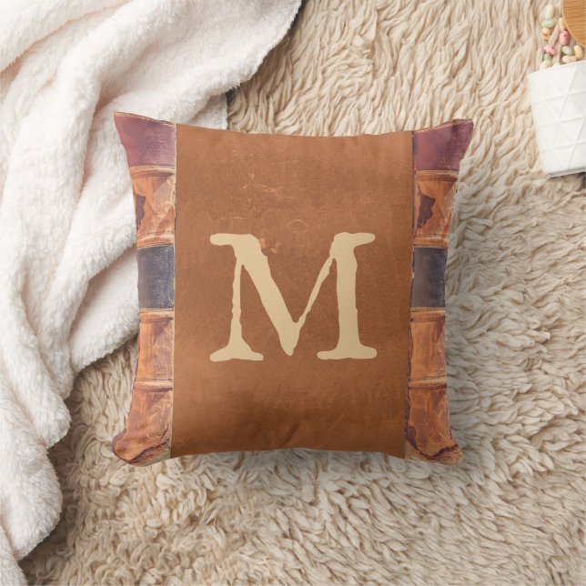 Faux Leather Vintage Antique Book Monogram Throw Pillow (Blanket)