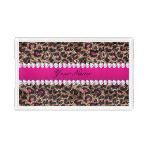 Faux Leopard Hot Pink Rose Gold Foil and Diamonds Acrylic Tray