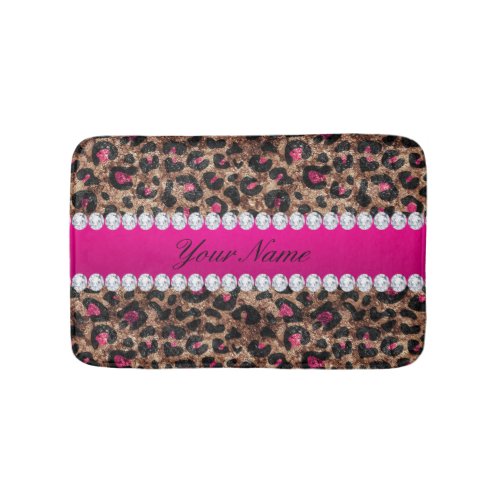 Faux Leopard Hot Pink Rose Gold Foil and Diamonds Bathroom Mat