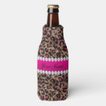 Faux Leopard Hot Pink Rose Gold Foil And Diamonds Bottle Cooler at Zazzle