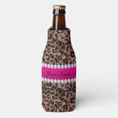 Faux Leopard Hot Pink Rose Gold Foil And Diamonds Bottle Cooler