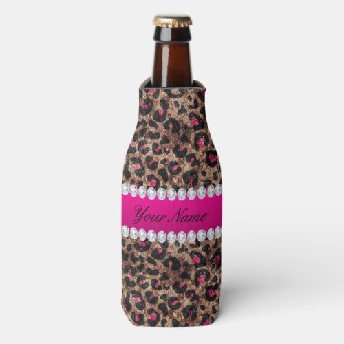 Faux Leopard Hot Pink Rose Gold Foil and Diamonds Bottle Cooler
