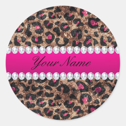 Faux Leopard Hot Pink Rose Gold Foil and Diamonds Classic Round Sticker