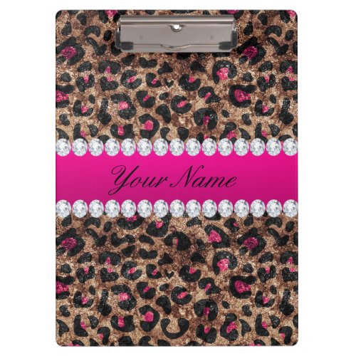 Faux Leopard Hot Pink Rose Gold Foil and Diamonds Clipboard