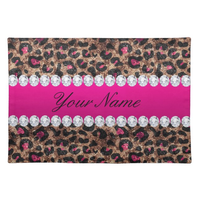 Faux Leopard Hot Pink Rose Gold Foil and Diamonds Cloth Placemat (Front)