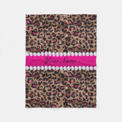 Faux Leopard Hot Pink Rose Gold Foil and Diamonds Fleece Blanket