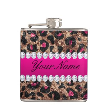 Faux Leopard Hot Pink Rose Gold Foil And Diamonds Hip Flask by glamgoodies at Zazzle