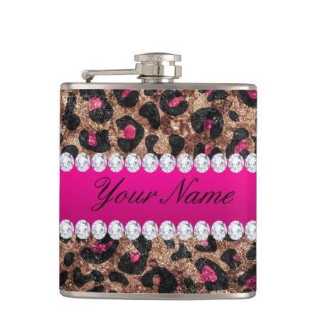 Faux Leopard Hot Pink Rose Gold Foil And Diamonds Hip Flask