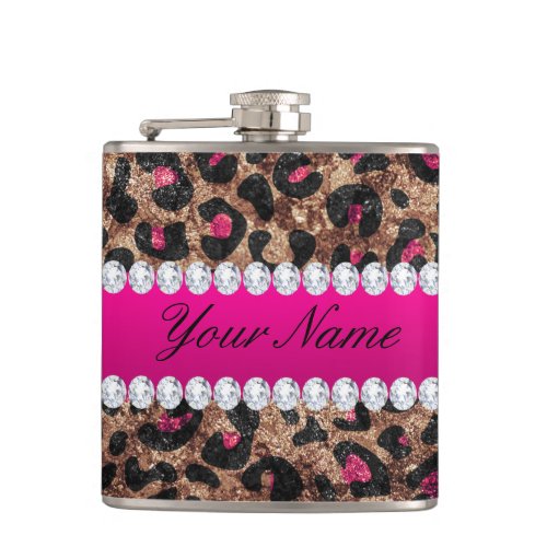 Faux Leopard Hot Pink Rose Gold Foil and Diamonds Hip Flask