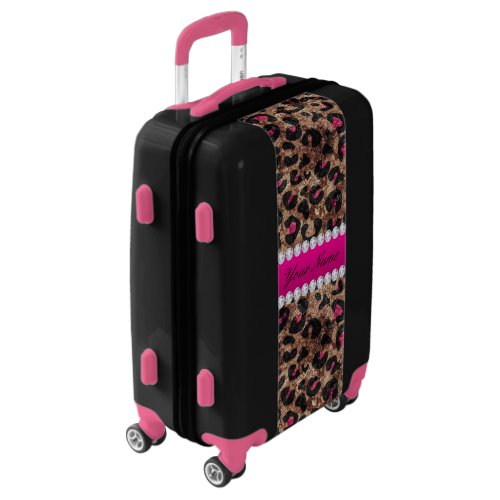 Faux Leopard Hot Pink Rose Gold Foil and Diamonds Luggage